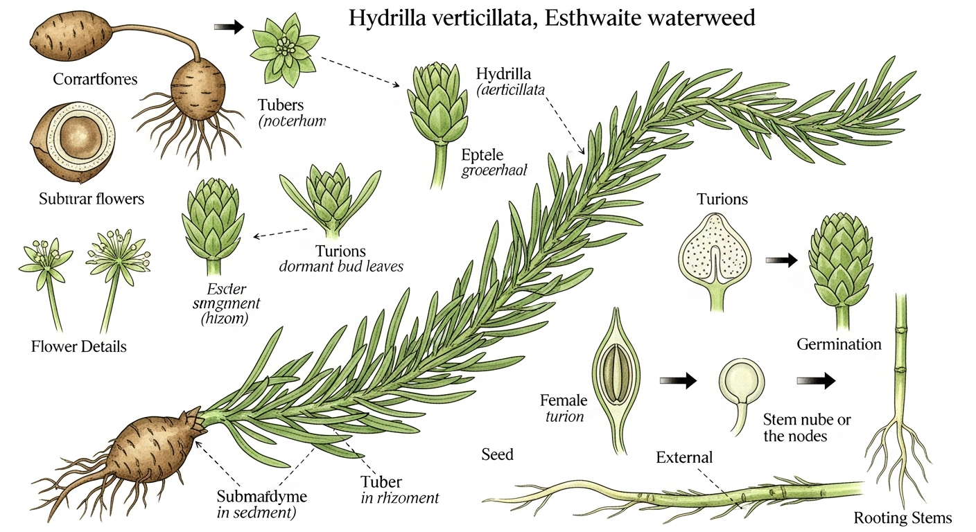 Hydrilla verticillata botanical illustration showing life cycle stages