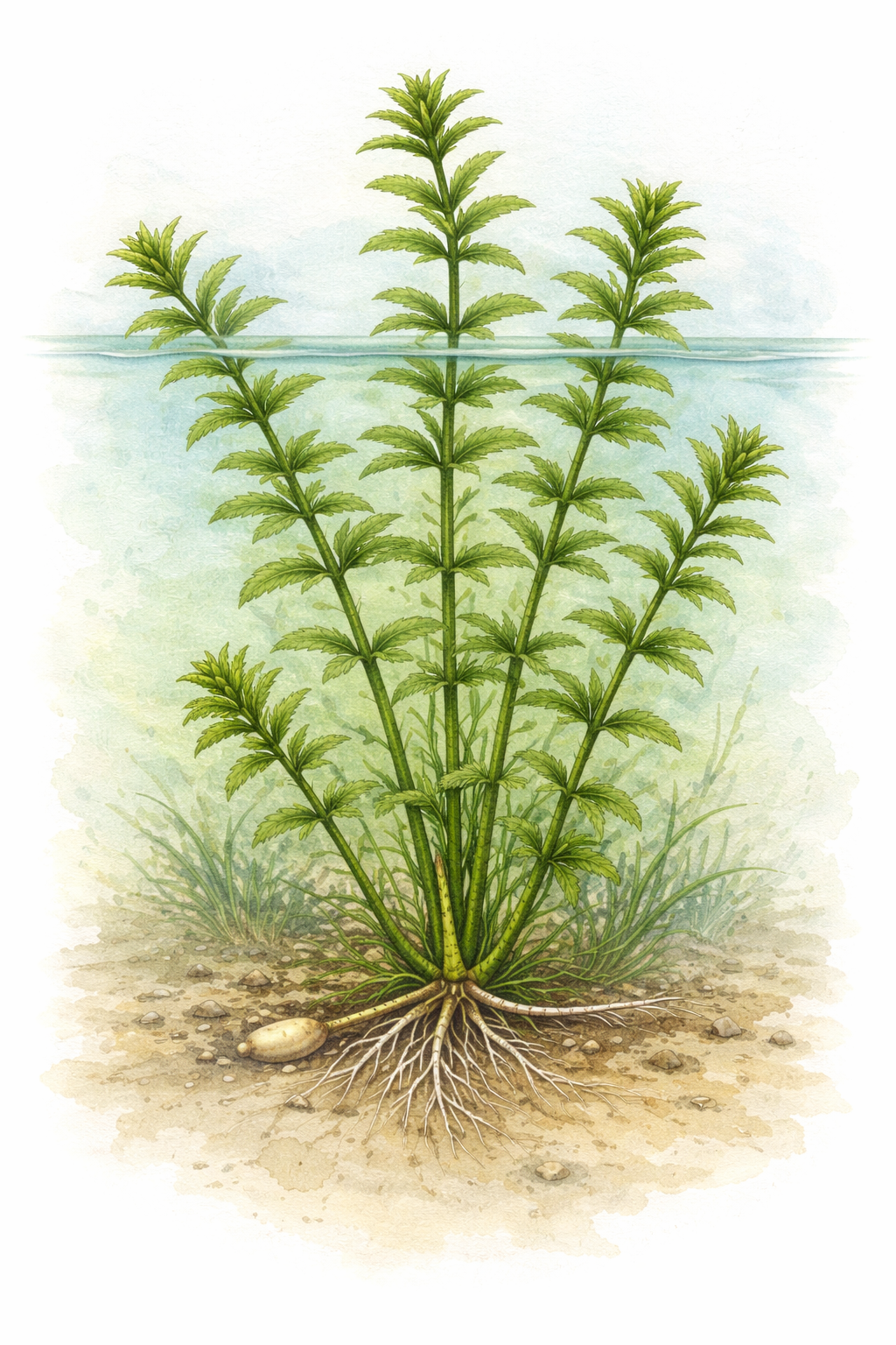 Hydrilla verticillata botanical illustration showing full plant structure with whorled leaves, stem, rhizomes, and tubers
