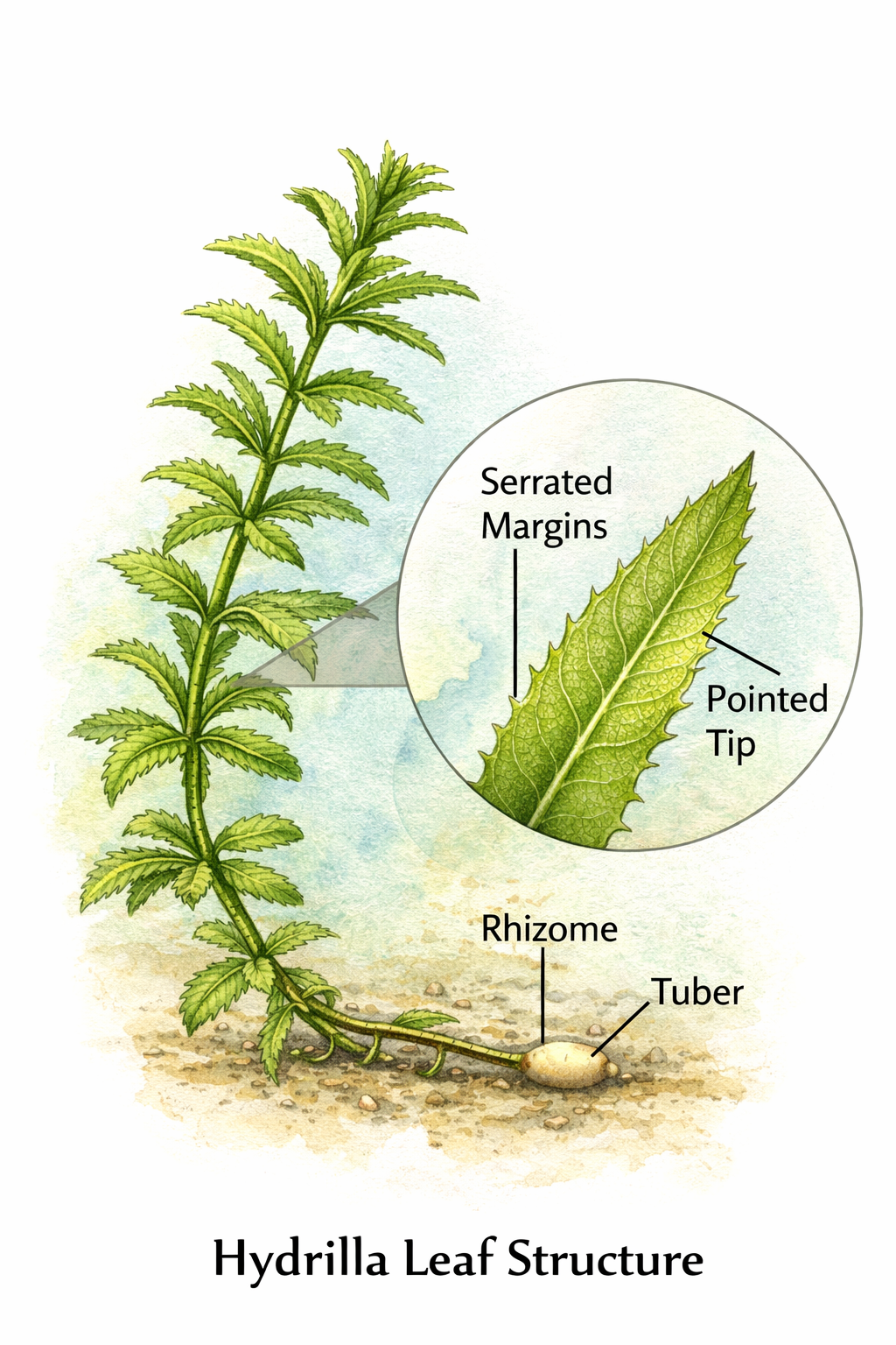 Hydrilla leaf whorl showing serrated margins