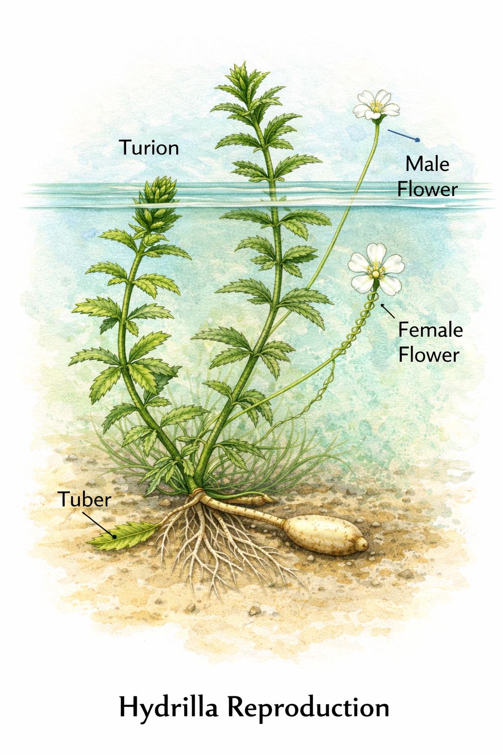 Hydrilla verticillata reproduction diagram showing male and female flowers, turions, and tubers