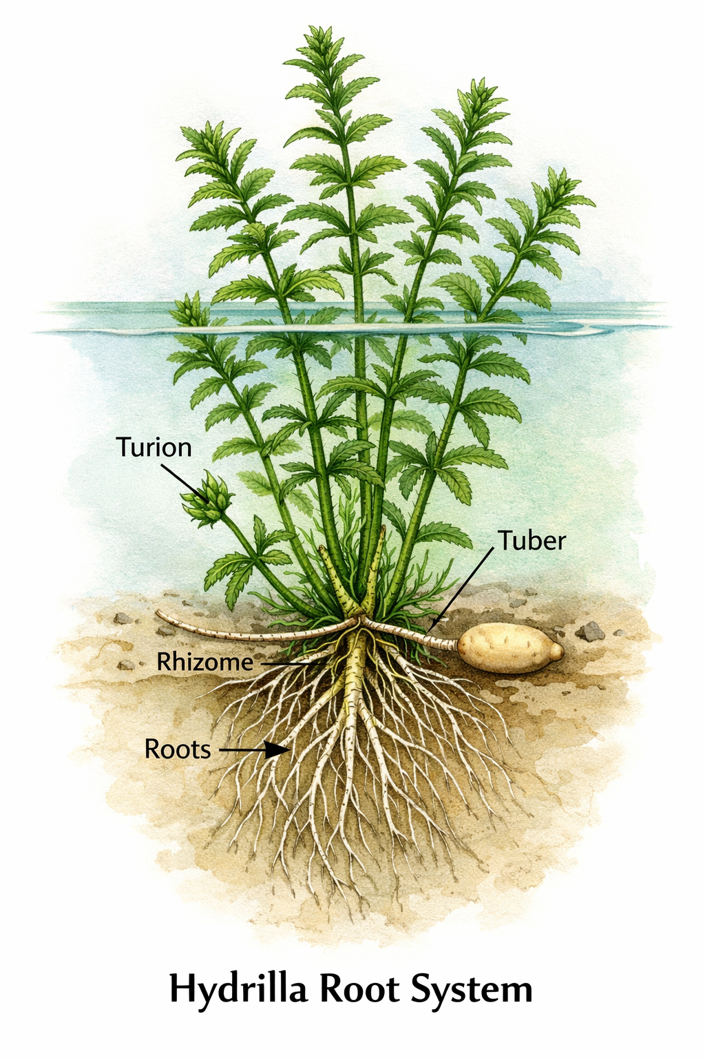 Hydrilla verticillata root system diagram showing tubers, rhizomes, and turions