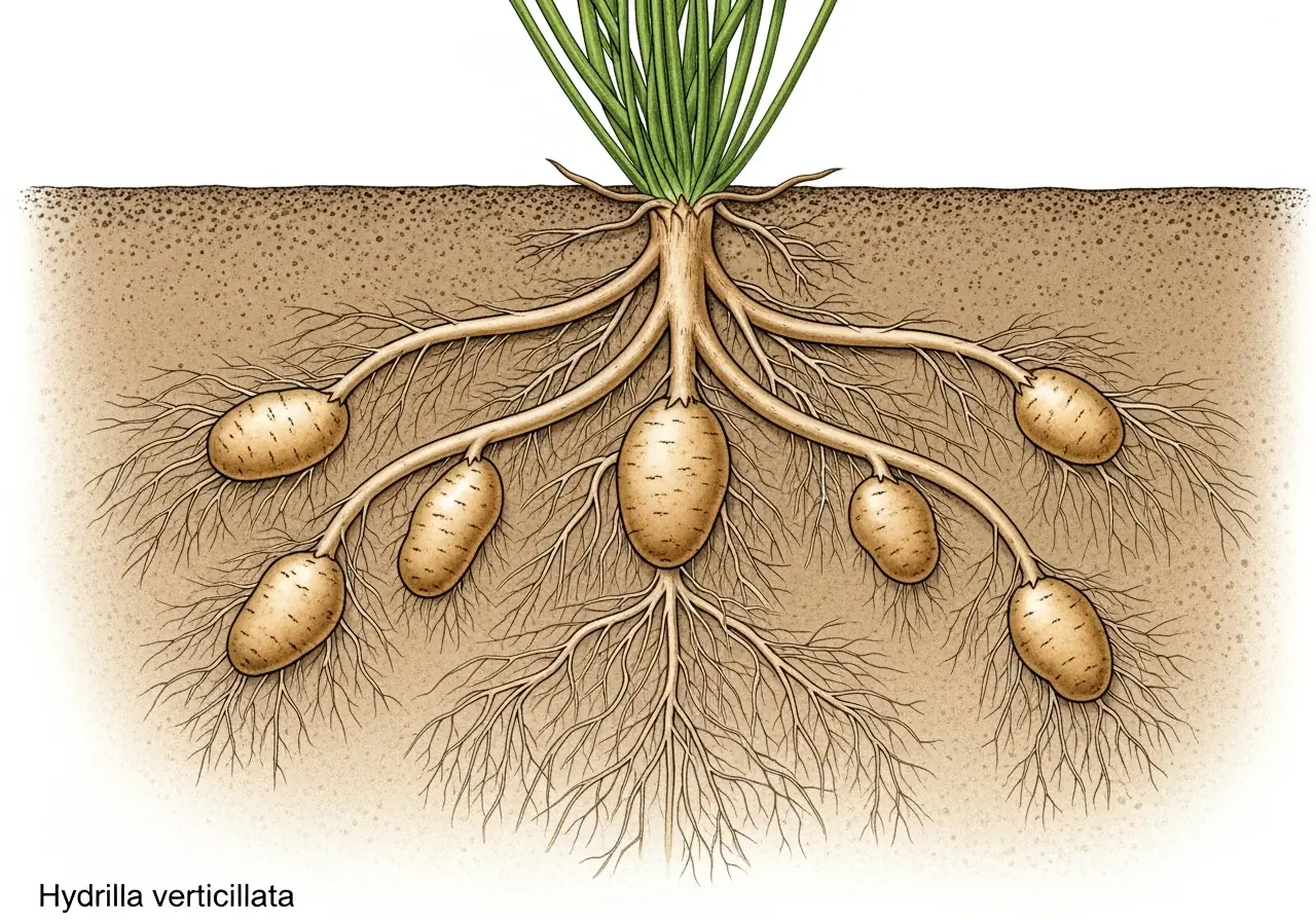 Hydrilla verticillata root system diagram showing tubers, rhizomes, and turions