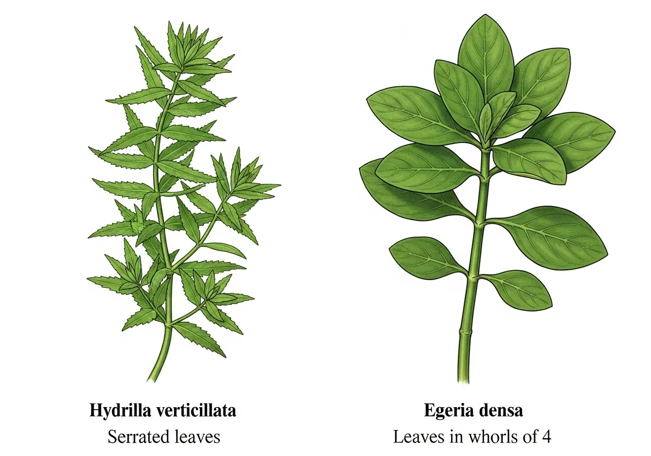 Side-by-side comparison of Hydrilla verticillata and Egeria densa