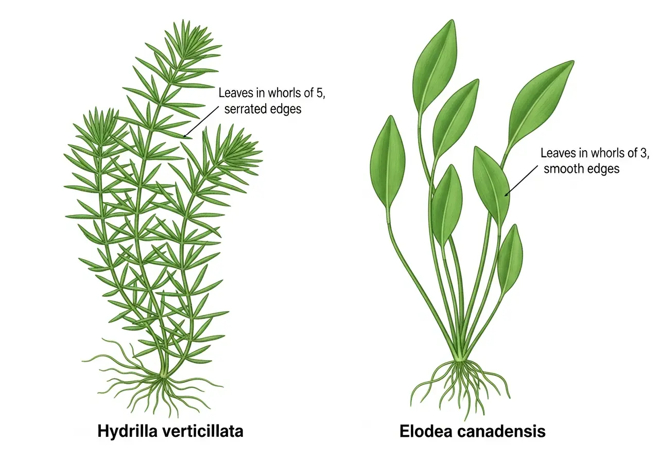 Side-by-side comparison of Hydrilla verticillata and Elodea canadensis
