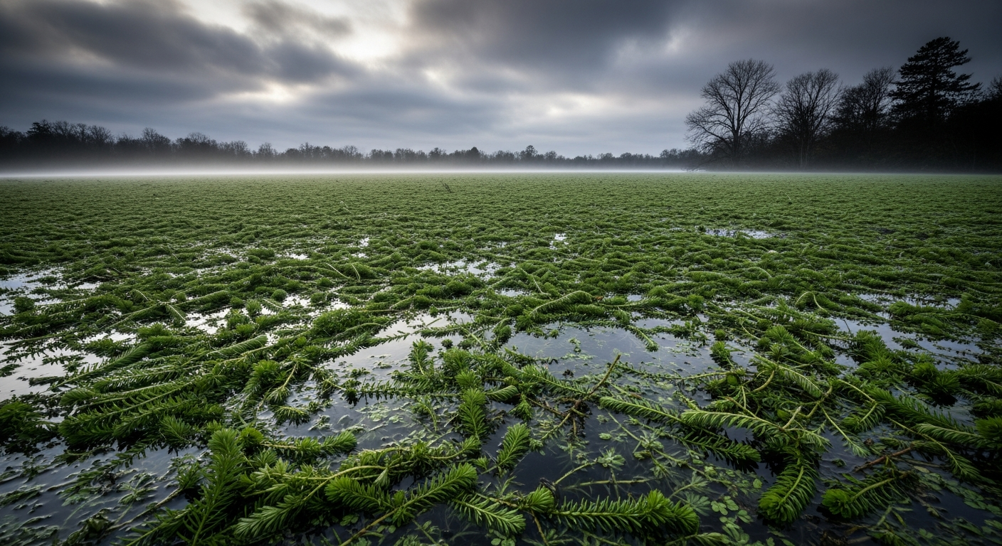 Dense Hydrilla mats covering a lake surface