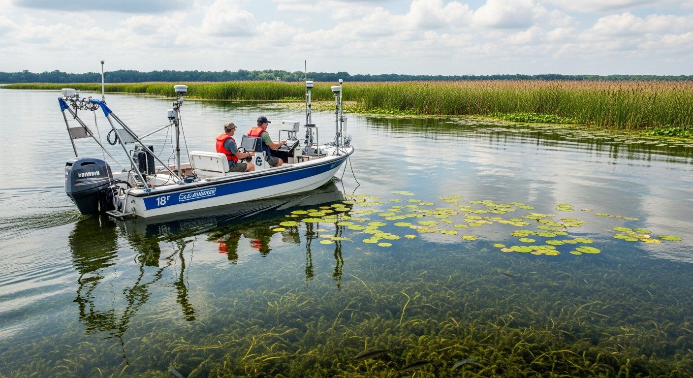 Lake management boat monitoring aquatic vegetation