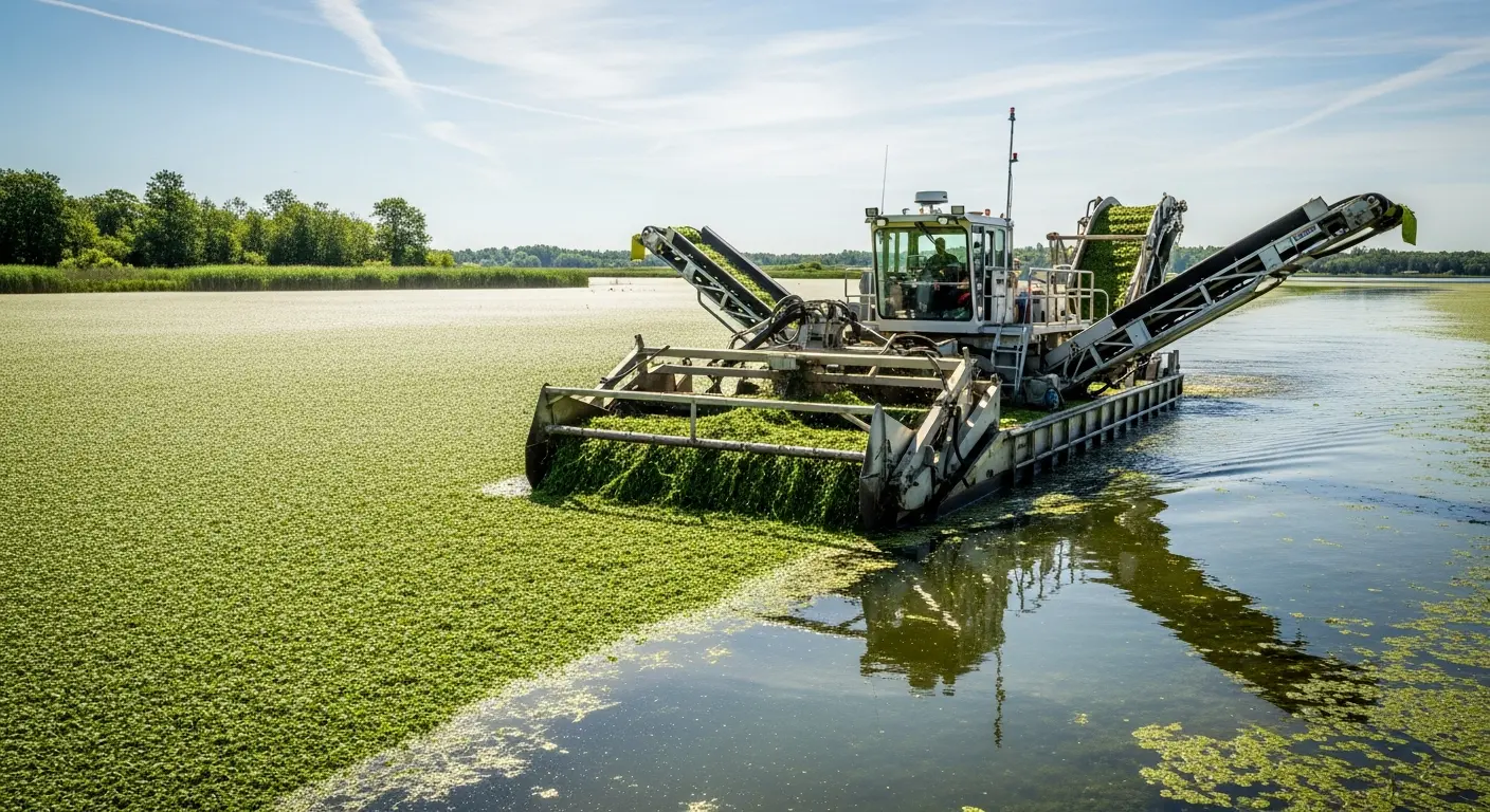 Mechanical harvester removing dense Hydrilla mats