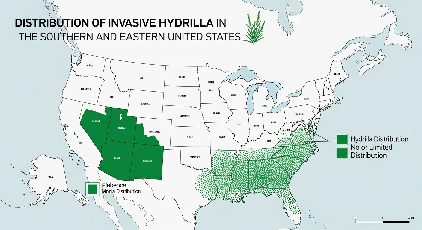 Map of the United States showing Hydrilla distribution zones