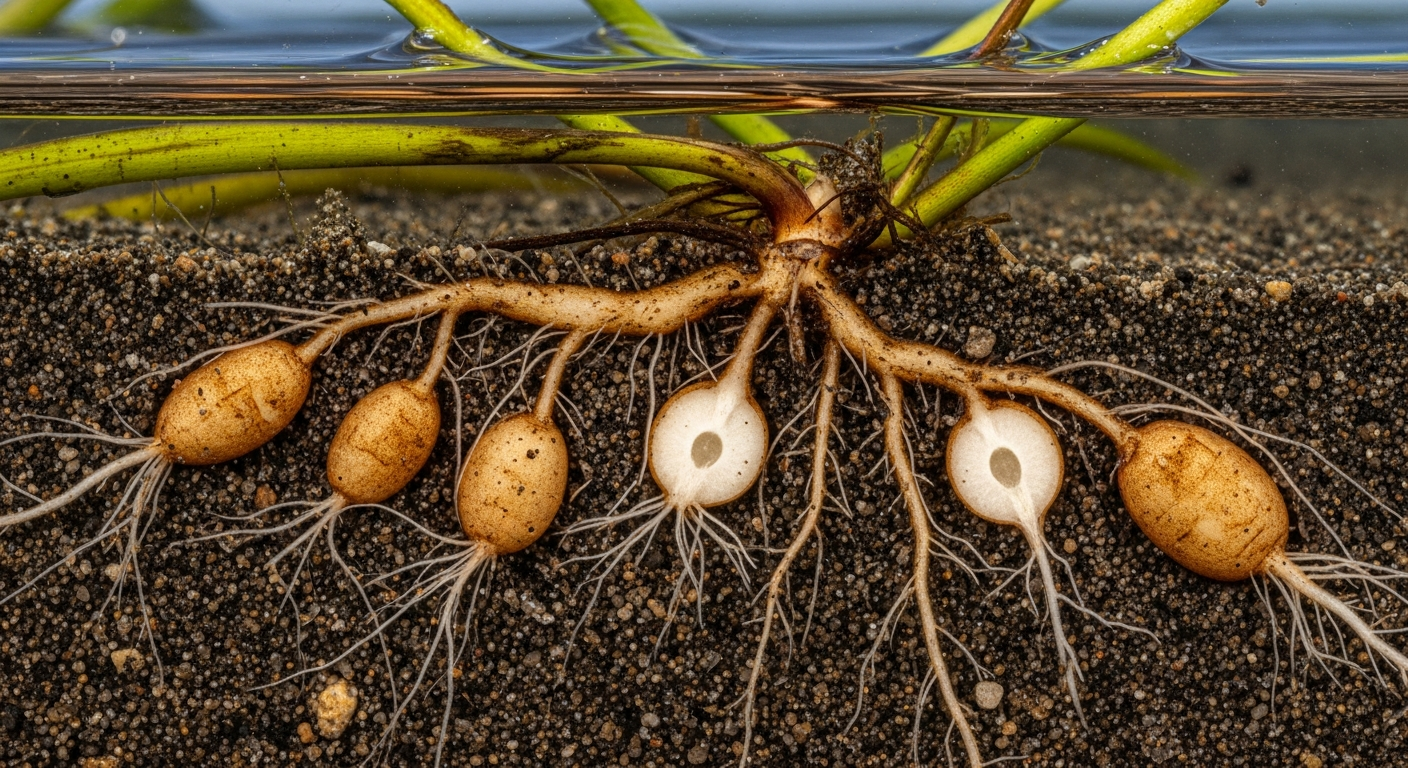 Cross-section showing Hydrilla tubers in sediment