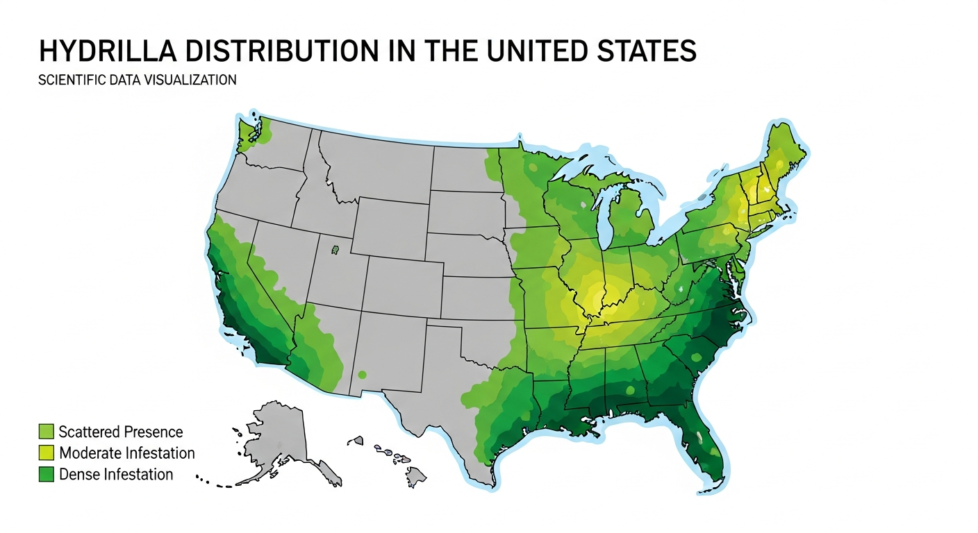 Map of the United States showing Hydrilla distribution zones