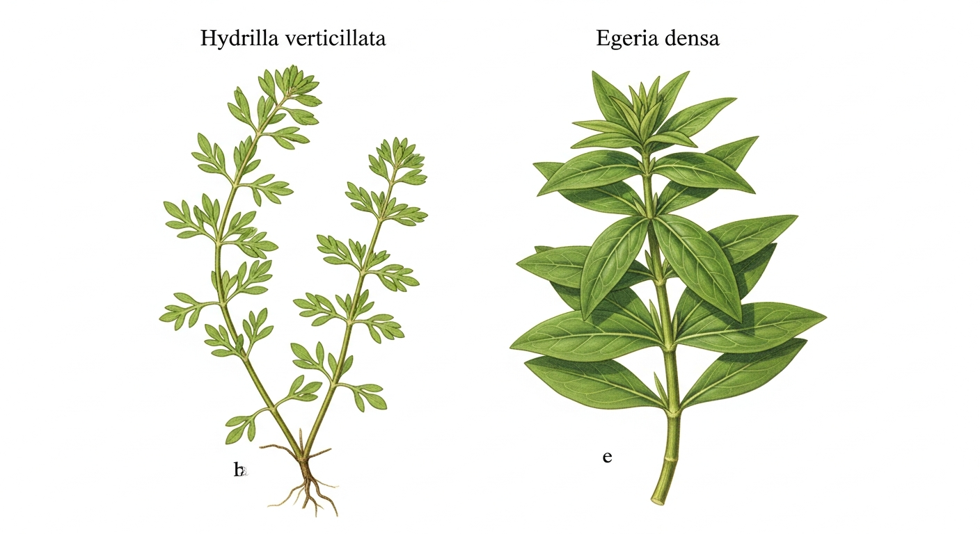 Side-by-side comparison of Hydrilla verticillata and Egeria densa