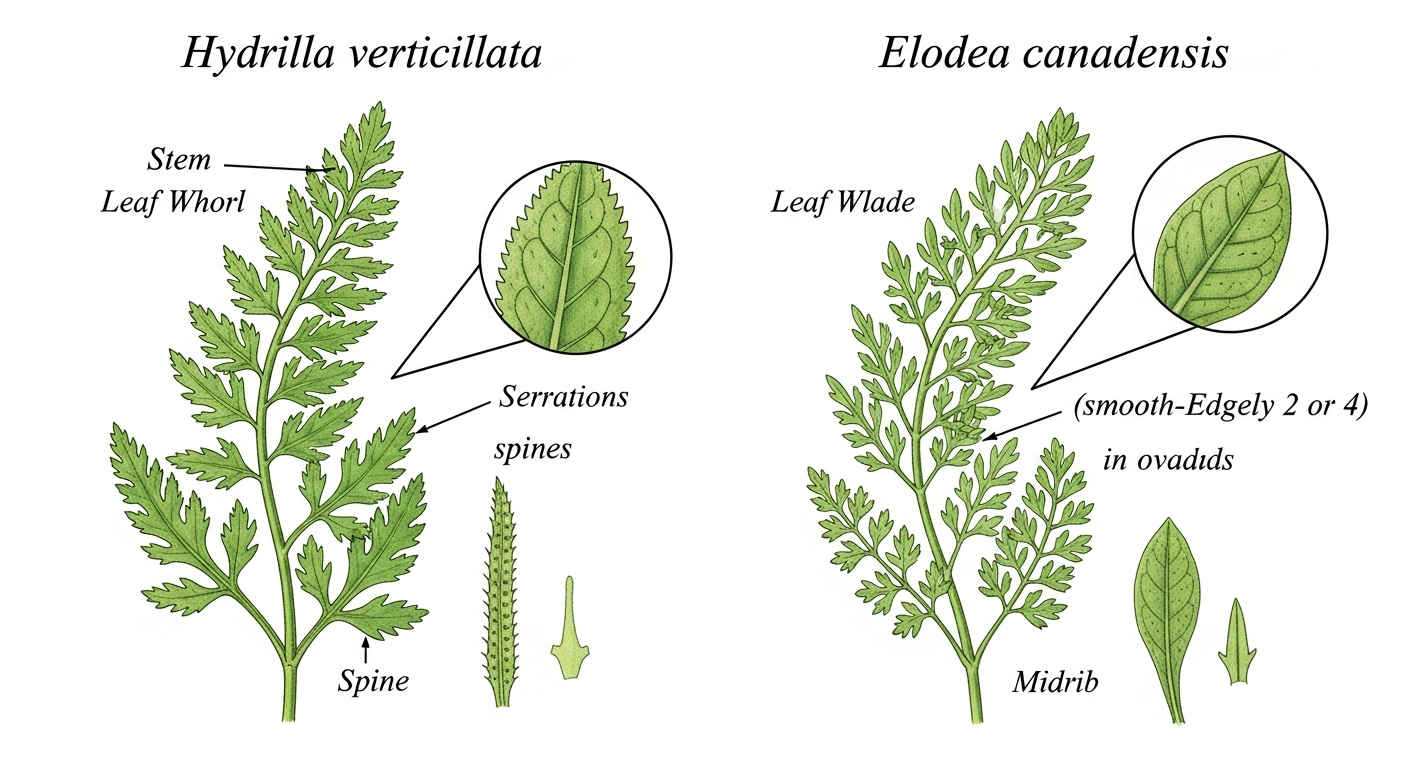 Side-by-side comparison of Hydrilla verticillata and Elodea canadensis