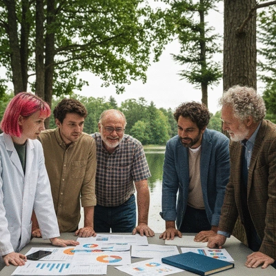 Diverse group of scientists and community members collaborating on aquatic conservation