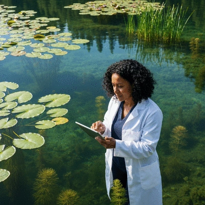 Researcher using a tablet to monitor aquatic plant growth in a clear freshwater lake
