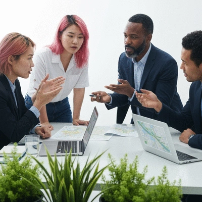 A diverse group of environmental scientists and policymakers collaborating on water management plans, with hydrilla plants in the foreground