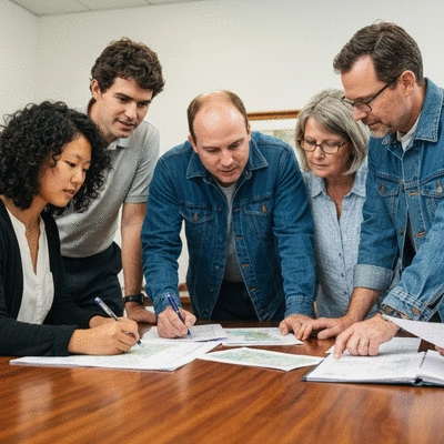 Collaborative team of environmental scientists and community members discussing hydrilla management plans around a table with maps and documents, no text, no words, no typography, clean image