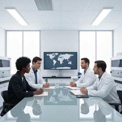 Diverse group of international scientists collaborating on invasive species research in a lab setting