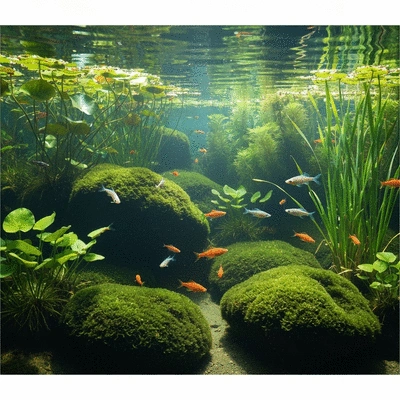 Healthy aquatic ecosystem with clear water and diverse plants