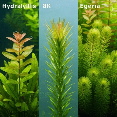 Close-up of three distinct aquatic plants (Hydrilla, Elodea, Egeria) side-by-side in clear water, showing their unique leaf structures and growth habits, no text, no words, no typography