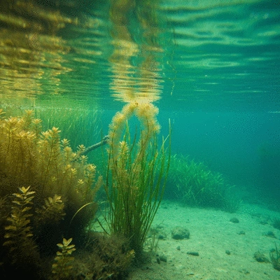 Aquatic ecosystem with hydrilla, showing environmental stress like warmer water and altered water levels, no text, no words, no typography, clean image