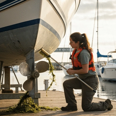 Person cleaning boat propeller to prevent hydrilla spread