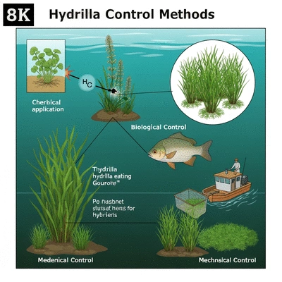 Scientific illustration showing different hydrilla control methods: chemical, biological, and mechanical