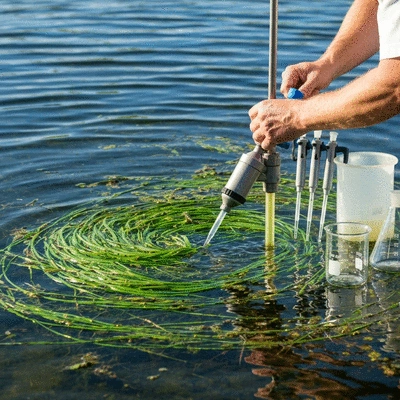 Scientist collecting water samples from a lake to test for water quality, with hydrilla present