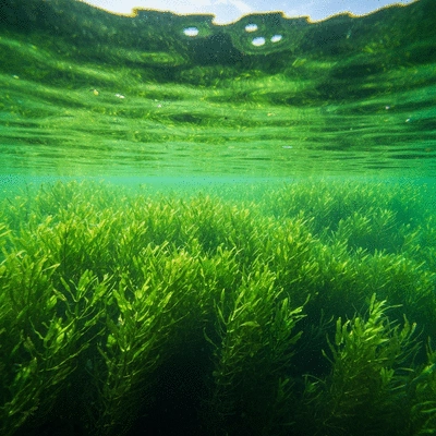 Lush green hydrilla growing densely underwater in a clear freshwater lake, with sunlight dappling through the water, no text, no words, no typography, clean image