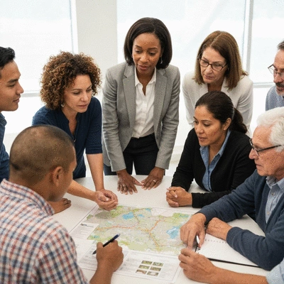 Diverse group of community members and local officials discussing hydrilla management strategies around a map, symbolizing collaborative decision-making