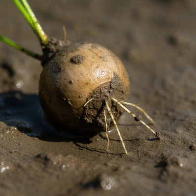 Close-up of a hydrilla tuber in muddy water, showing small roots starting to sprout, natural lighting, high detail