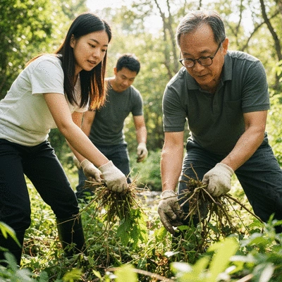 Community volunteers participating in an environmental cleanup, removing invasive plants from a natural area, showing hands-on impact