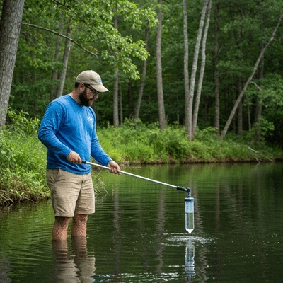 Aquatic biologist collecting water samples from a serene lake, surrounded by lush green foliage, scientific equipment visible, no text, no words, no typography, clean image