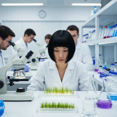 Scientists studying hydrilla in an aquatic lab