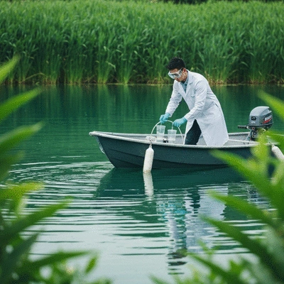 Scientist collecting water samples from a lake with hydrilla, using a small boat and scientific equipment, with lush green plants in the background, no text, no words, no typography