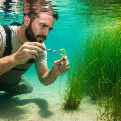 Aquatic biologist examining hydrilla in a clear freshwater environment