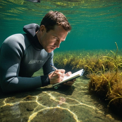 Aquatic biologist observing invasive species in a clear freshwater environment