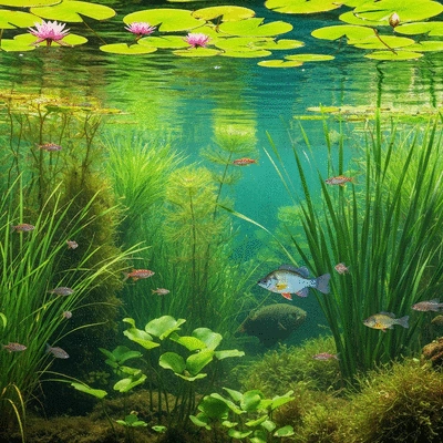 A diverse and healthy aquatic ecosystem with various native plants, clear water, and small fish, illustrating successful management, no text, no words, no typography, 8K