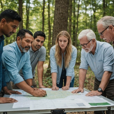 Diverse group of environmental professionals collaborating on invasive species management in a natural setting