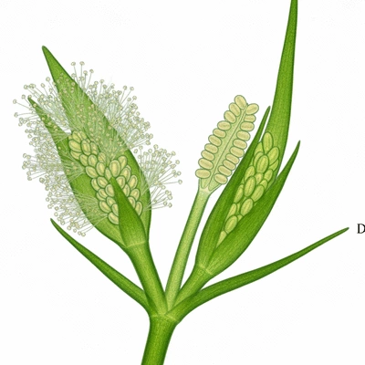 Microscopic view of monoecious hydrilla plant with both male and female reproductive structures visible on the same plant, scientific illustration style, no text, no words, no typography, clean image