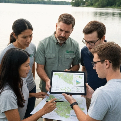Environmental professionals discussing hydrilla management strategies by a lake