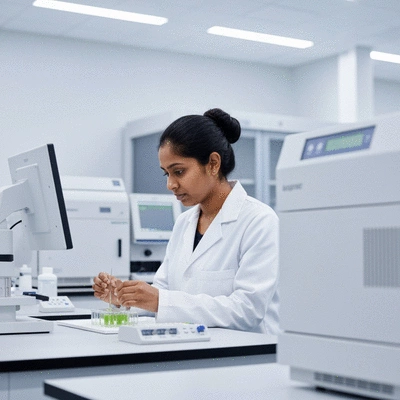 Scientist in a lab analyzing hydrilla samples with advanced molecular equipment, focused expression, clean lab environment, no text, no words, no typography, clean image