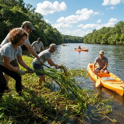 Community volunteers participating in a river cleanup, removing invasive plants