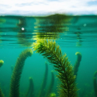 Close-up of hydrilla plant in water, showing whorled leaves