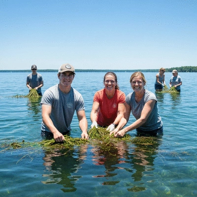 Community volunteers working together to remove hydrilla from a freshwater lake, diverse group, sunny day, clear water, no text, no words, no typography, 8K