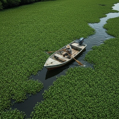 Dense hydrilla infestation in a waterway, with a boat struggling to pass through