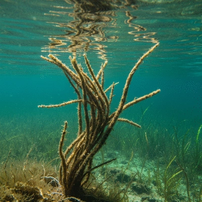 Close-up of hydrilla plant with visible tubers and fragments, underwater setting, no text, no words, no typography, clean image