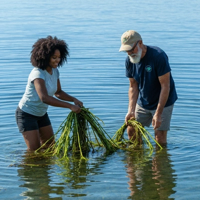 Community members working together to remove hydrilla from a clear body of water, showing collaboration and environmental care