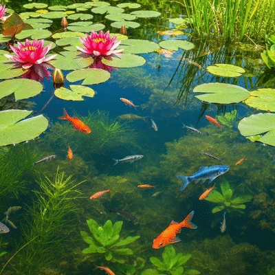Healthy freshwater ecosystem with diverse aquatic plants and clear water