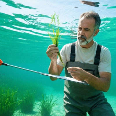 Aquatic biologist studying hydrilla in a clear freshwater environment