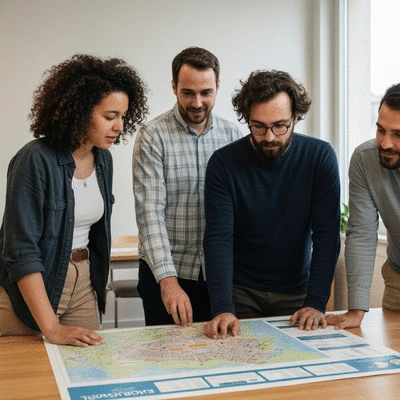 Diverse group of people collaborating on environmental advocacy, looking at a map or document, representing NGO influence on policy